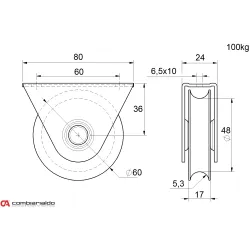 Vodiace koliesko C410/60/12 ø 60mm s oporou Combi Arialdo, nosnosť 100kg, nedá sa kombinovať s C902/16 Vodiace koliesko C410/60/12 ø 60mm s oporou Combi Arialdo, nosnosť 100kg, nedá sa kombinovať s C902/16